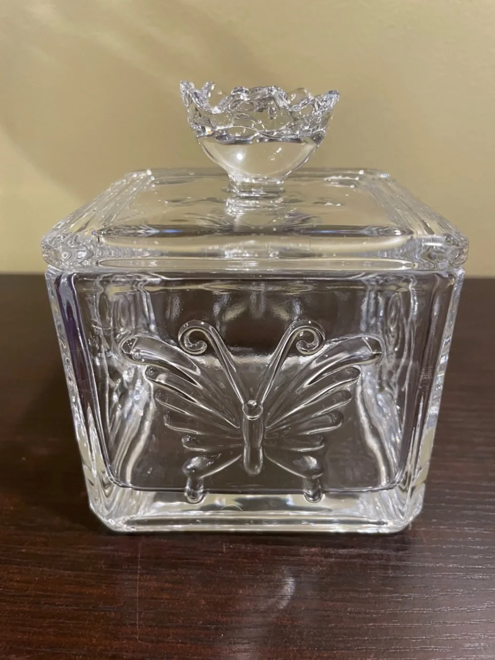 Clear Glass Rose and Butterfly Embossed Square Jar with Floral Lid